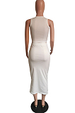 White Sexy Polyester Figure Graphic Sleeveless Tank Top Midi Skirt Sets HM5345