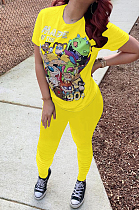 Yellow Casual Polyester Cartoon Graphic Short Sleeve Round Neck Ruffle Tee Top Long Pants Sets OMY8030