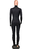 Black Casual Polyester Long Sleeve Pleated Bodycon Jumpsuit W8294