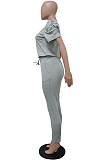 Khaki Casual Polyester Short Sleeve Round Neck Knotted Strap Ruffle Tee Top Long Pants Sets MA6571