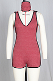 Wine Red Casual Cotton Sleeveless V Neck Bodycon Jumpsuit ZS0288