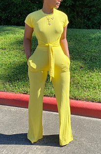 Yellow Casual Polyester Short Sleeve Round Neck Tie Front Tee Jumpsuit N9213