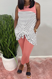 Pink Casual Polyester Striped Sleeveless Round Neck Tank Top Long Pants Sets AMM8218