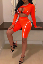 Orange Sexy Polyester Long Sleeve Round Neck Utility Blouse Shorts Sets AMM8147