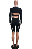 Black Sexy Polyester Long Sleeve Round Neck Utility Blouse Shorts Sets AMM8147