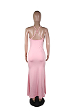 Pink Casual Polyester Sleeveless Halterneck Tassel Hem Long Dress N9218