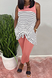 Rose Red Casual Polyester Striped Sleeveless Round Neck Tank Top Long Pants Sets AMM8218