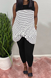 Yellow Casual Polyester Striped Sleeveless Round Neck Tank Top Long Pants Sets AMM8218