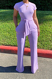 Pink Casual Polyester Short Sleeve Round Neck Tie Front Tee Jumpsuit N9213