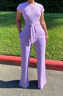 Purple Casual Polyester Short Sleeve Round Neck Tie Front Tee Jumpsuit N9213
