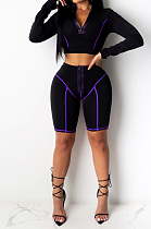 Purple Sporty Polyester Long Sleeve Utility Blouse Shorts Sets ZS0289