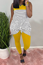 Yellow Casual Polyester Striped Sleeveless Round Neck Tank Top Long Pants Sets AMM8218