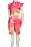 Rose Red Yellow Sexy Polyester Tie Dye Sleeveless Utility Blouse Shorts Sets ZS0294