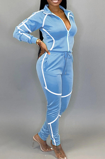 Light Blue Sporty Polyester Long Sleeve Spliced Utility Blouse Long Pants Sets KZ145