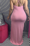 Pink Casual Polyester Sleeveless Halterneck Tassel Hem Long Dress N9218