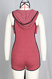 Wine Red Casual Cotton Sleeveless V Neck Bodycon Jumpsuit ZS0288