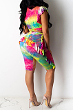 Rose Red Yellow Sexy Polyester Tie Dye Sleeveless Utility Blouse Shorts Sets ZS0294