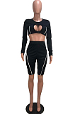 Black Sexy Polyester Long Sleeve Round Neck Utility Blouse Shorts Sets AMM8147