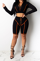 Orange Sporty Polyester Long Sleeve Utility Blouse Shorts Sets ZS0289