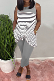 Pink Casual Polyester Striped Sleeveless Round Neck Tank Top Long Pants Sets AMM8218