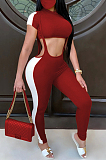 Rose Red Casual Polyester Short Sleeve Round Neck Crop Top Long Pants Sets ZS0298