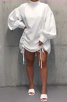 White Casual Polyester Long Sleeve High Neck Shirred Detail Shirt Dress C3009
