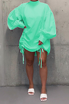 Light Green Casual Polyester Long Sleeve High Neck Shirred Detail Shirt Dress C3009