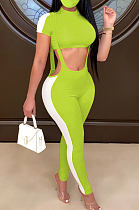 Fluorescent Green Casual Polyester Short Sleeve Round Neck Crop Top Long Pants Sets ZS0298
