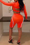 Orange Sexy Polyester Long Sleeve Round Neck Utility Blouse Shorts Sets AMM8147