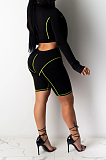 Fluorescent Green Sporty Polyester Long Sleeve Utility Blouse Shorts Sets ZS0289
