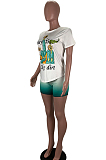 Green Casual Polyester Letter Short Sleeve Round Neck Tee Top Shorts Sets AMM8250
