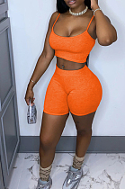 Orange Casual Cotton Sleeveless Round Neck Crop Top Shorts Sets WY6672