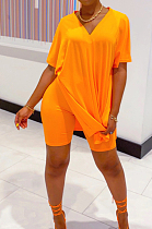 Orange Casual Polyester Short Sleeve V Neck Split Hem Tee Top Shorts Sets WY6678