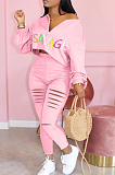 Black Casual Polyester Letter Long Sleeve Ripped Utility Blouse Long Pants Sets AA5177