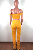 Yellow Casual Sleeveless Halterneck Ruffle Crop Top Flare Leg Pants Sets QZ6080