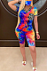 Blue Red Casual Polyester Tie Dye Short Sleeve Tee Top Shorts Sets QZ6096
