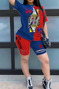 Blue Red Casual Polyester Short Sleeve Round Neck Tee Top Shorts Sets AMM8241