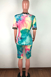 Blue Red Casual Polyester Tie Dye Short Sleeve Tee Top Shorts Sets QZ6096