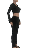 Khaki Sexy Polyester Pure Color Long Sleeve V Neck Ruffle Crop Top Pants Sets LY5848