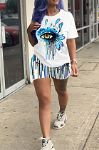 Blue Casual Polyester Short Sleeve Round Neck Tee Top Shorts Sets AMM4006