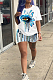 Blue Casual Polyester Short Sleeve Round Neck Tee Top Shorts Sets AMM4006