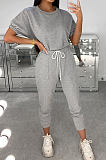 Black Casual Polyester Short Sleeve Round Neck Tee Top Pants Sets AMM8236