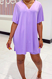 Purple Casual Polyester Short Sleeve V Neck Split Hem Tee Top Shorts Sets WY6678