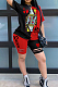 Black Red Casual Polyester Short Sleeve Round Neck Tee Top Shorts Sets AMM8241