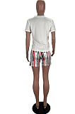 Red Casual Polyester Short Sleeve Round Neck Tee Top Shorts Sets AMM4006