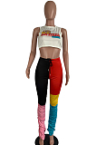 Multicolor Casual Polyester Letter Sleeveless Round Neck Spliced Ruffle Tank Top Long Pants Sets AMM8246