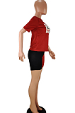 Black Orange Casual Polyester Letter Short Sleeve Round Neck Spliced Tee Top Shorts Sets AA5156