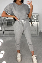 Gray Casual Polyester Short Sleeve Round Neck Tee Top Pants Sets AMM8236