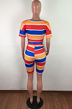 Blue Yellow Orange Casual Cotton Striped Short Sleeve Round Neck Tee Top Shorts Sets JLX6870