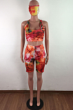 Red Casual Cotton Tie Dye Sleeveless Round Neck Tank Top Shorts Sets JLX2076
